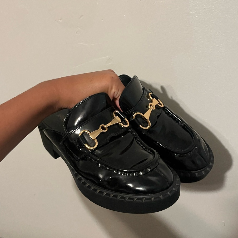 Jeffrey Campbell Black Patent Leather Loafers with Gold Accents